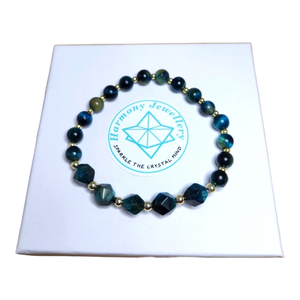 8 mm Faceted Blue Tiger Eye and 6 mm Beaded Blue Tiger Eye bracelet